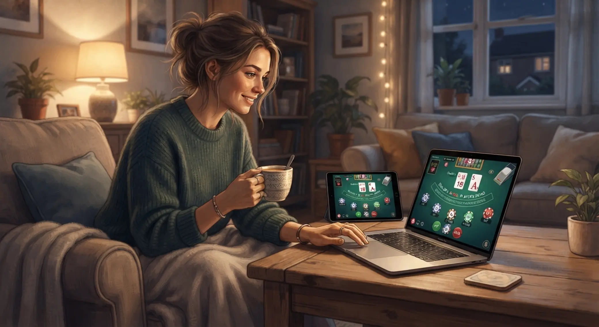 Gracz korzysta z blackjacka demo w domu na laptopie