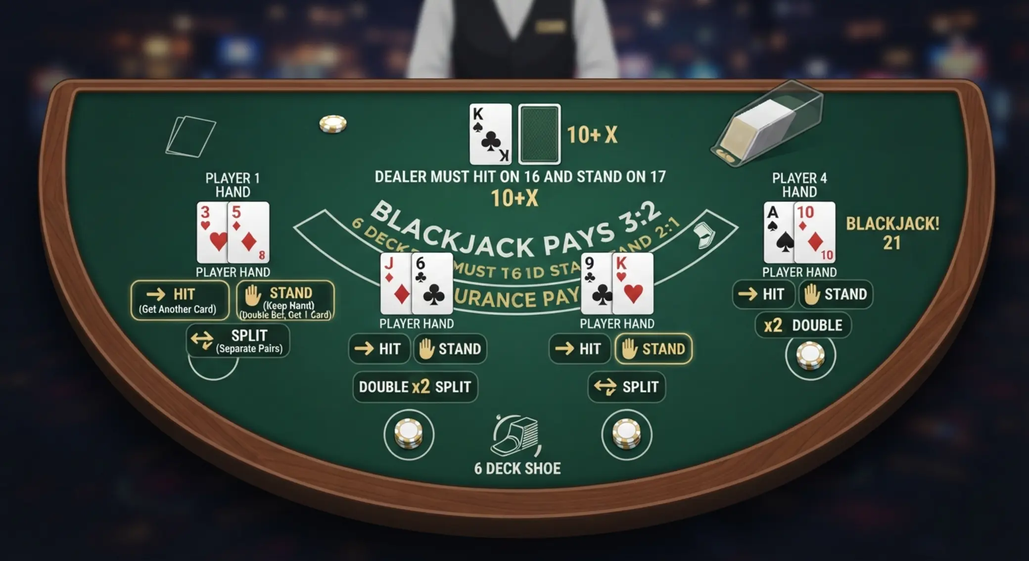 Schemat stołu do blackjacka z podstawowymi opcjami gry