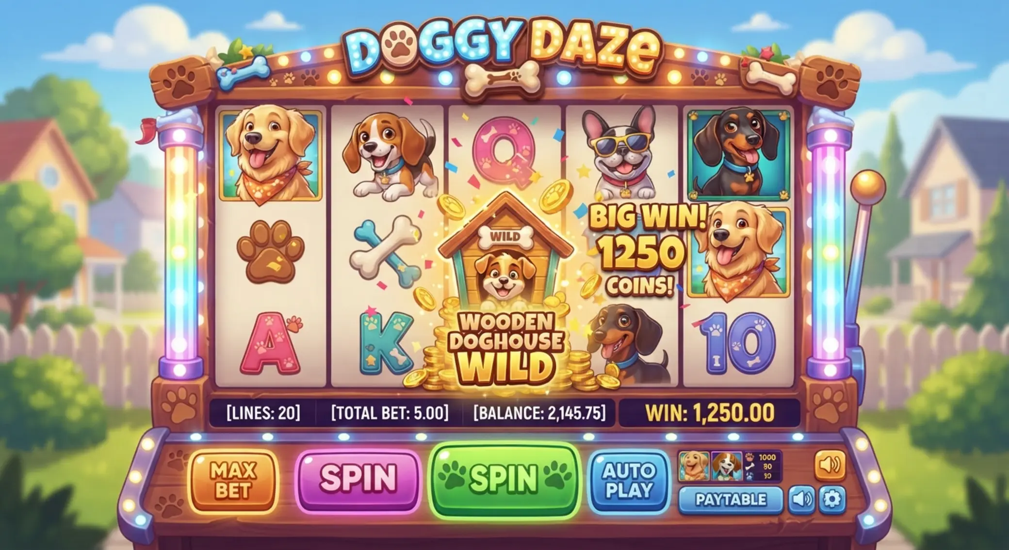 Widok slota The Dog House z kolorowymi bębnami i psami
