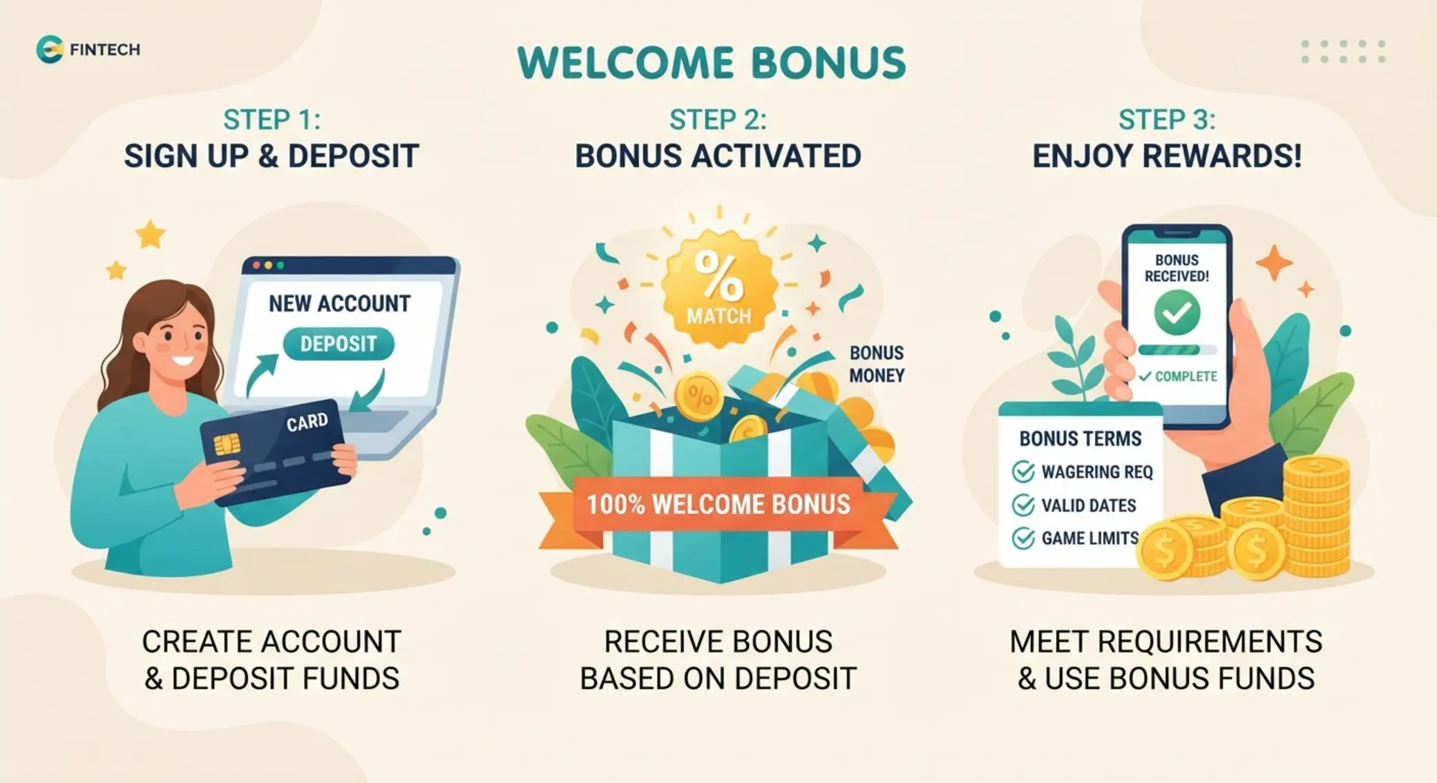 Jak działa bonus powitalny Schemat działania bonusu powitalnego z depozytem i premią