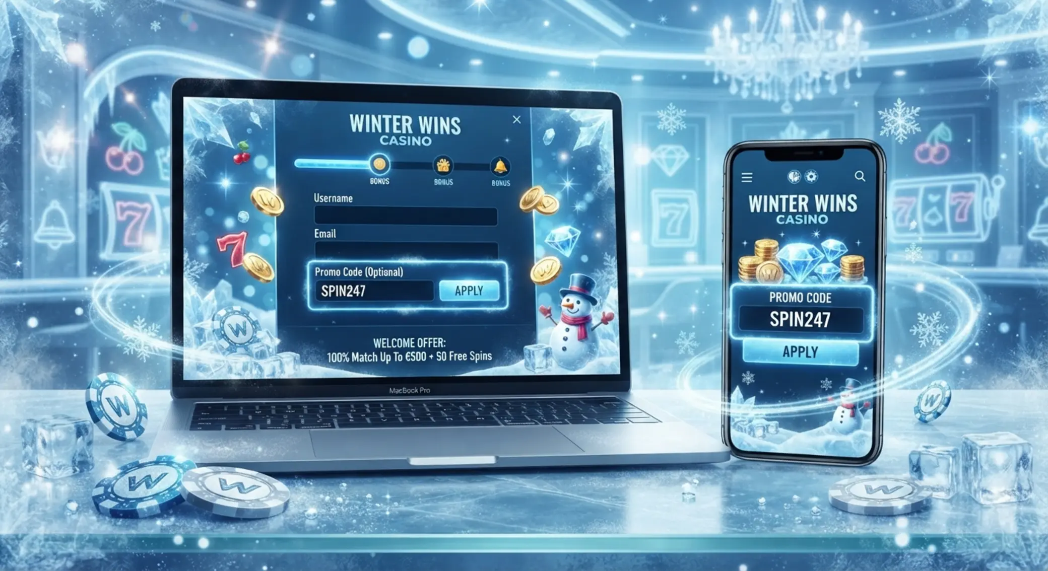 Kod bonusowy i oferta Ice Casino Ilustracja kodu bonusowego w klimacie Ice Casino