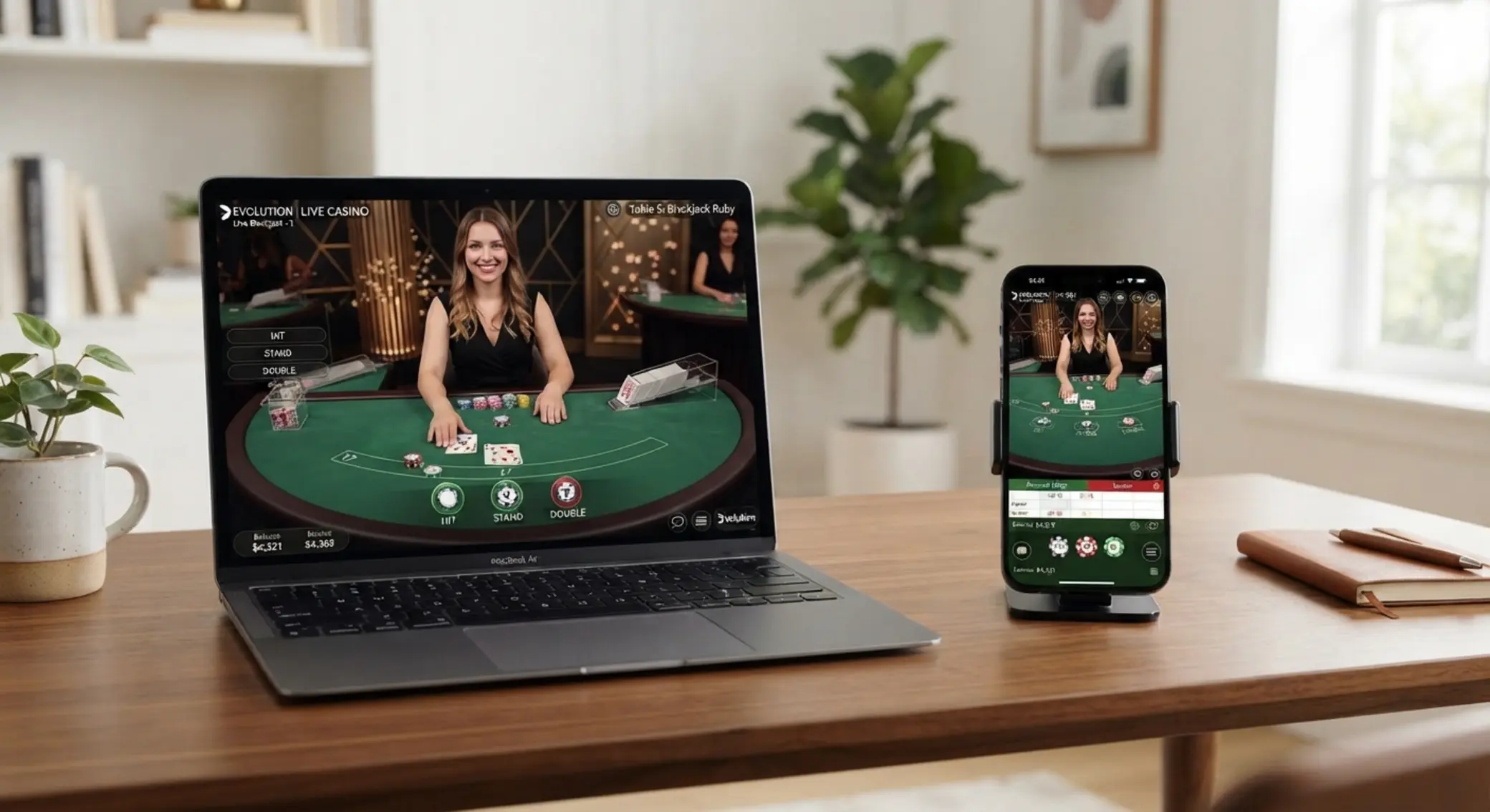Gra na żywo na laptopie i smartfonie obok siebie