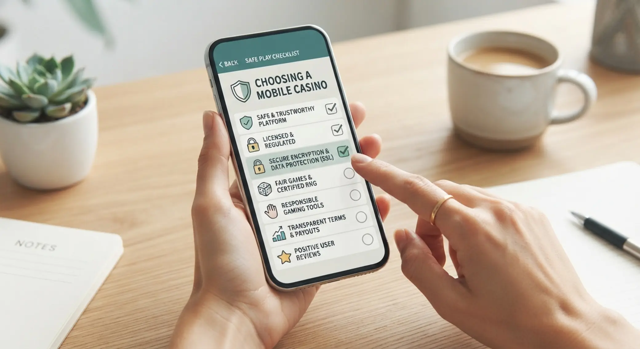 Checklist wyboru kasyna mobilnego Lista kontrolna wyboru kasyna mobilnego na ekranie telefonu