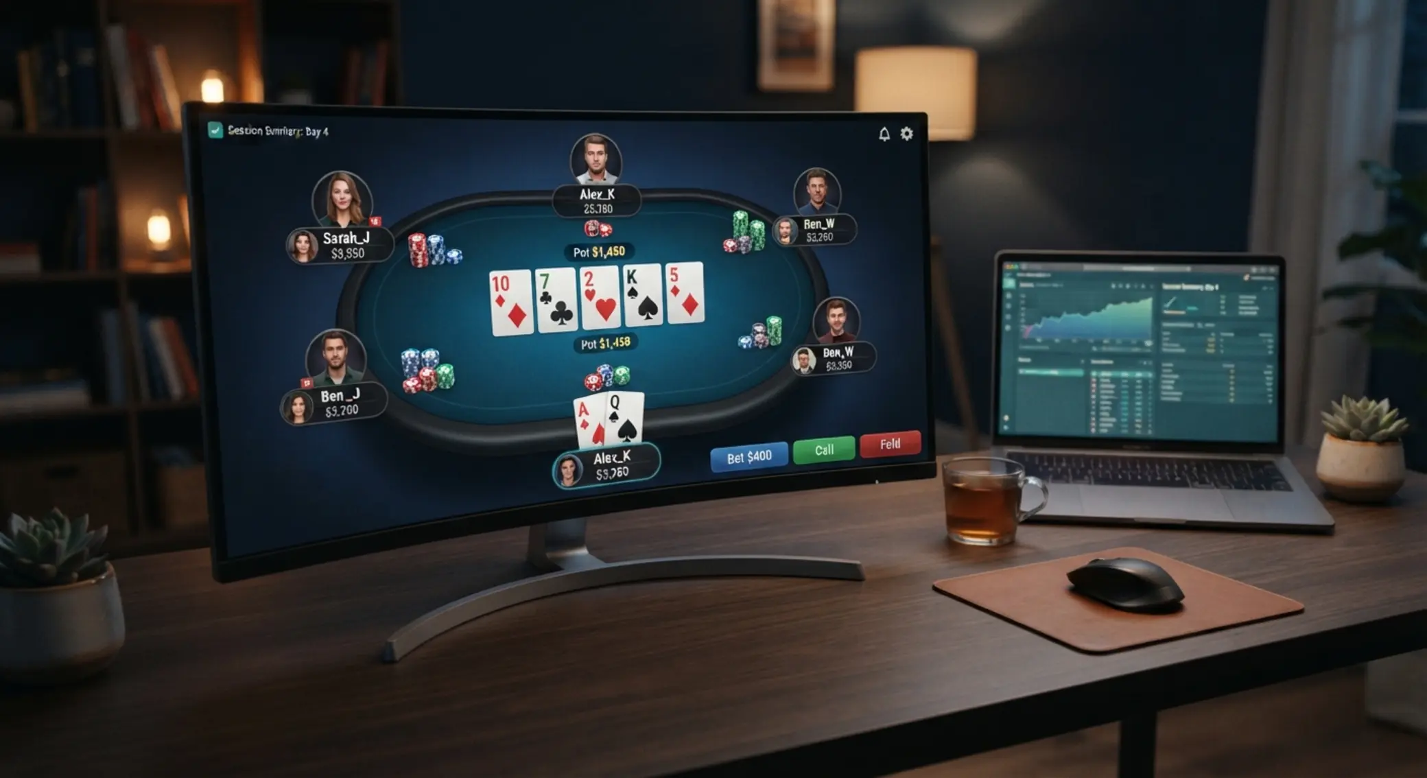 Rodzaje pokera online i wirtualny stół Wirtualny stół do pokera online z kartami i żetonami