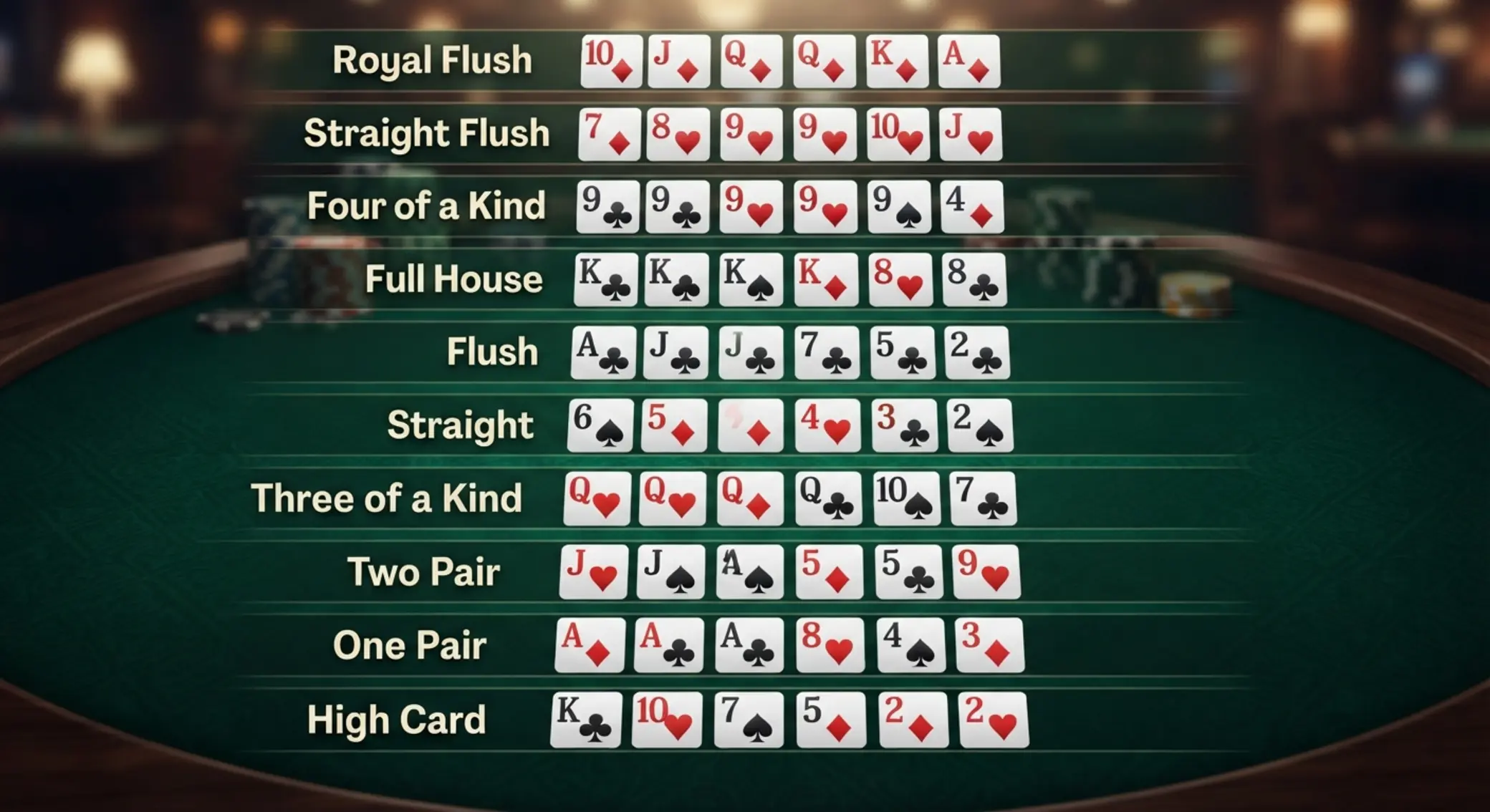 Podstawowe układy kart w pokerze online Ilustracja układów kart w pokerze na wirtualnym stole